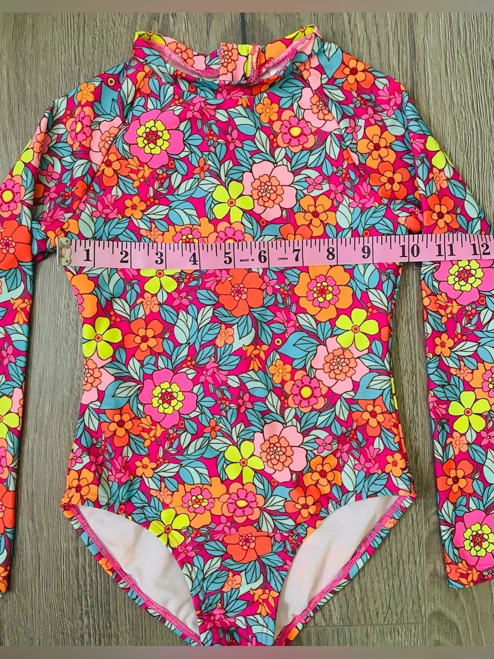 Cat & Jack Toddler Girl One Piece Swimsuit 4/5 Colorful Floral Long Sleeves Pool